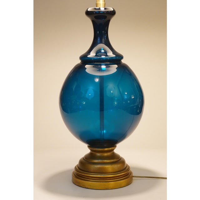 Xlarge Marbro Thick Blown Murano Italy Ultramarine Art Glass Brass Table Lamp 1960's Blenko For Sale In Los Angeles - Image 6 of 12