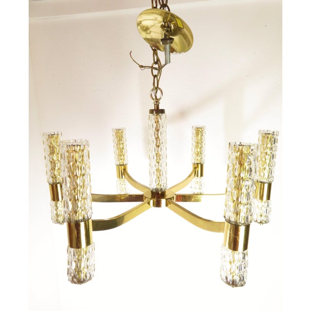 Gaetano Sciolari Mid Century Brass & Glass Chandelier ~ Hanging Lamp ~ Sciolari Murano Style For Sale - Image 4 of 18