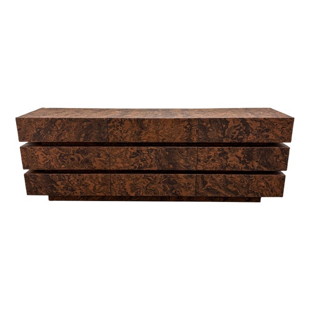 Vintage Mid-Century Modern Stacked Burlwood Veneer Dresser For Sale