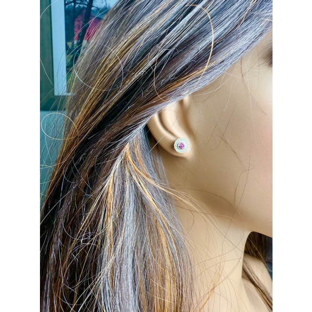 14k Gold Millgrain Circle Stud Earrings Bezel Set Pink Sapphires and Diamonds, A Pair For Sale In New York - Image 6 of 6