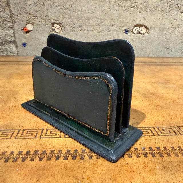 Vintage Dark Green Leather Letter Rack Mail Sorter For Sale - Image 9 of 10