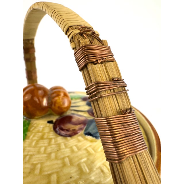 Japanese Vintage Japanese Majolica Fruit & Basket Weave Biscuit Jar With Rattan Handle For Sale - Image 3 of 13