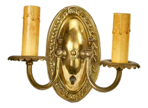 Antique Art Deco Stamped Brass Two Arm Wall Sconce With Twist Knob Switch