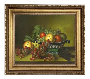 "Bowl of Fruit" Contemporary Reproduction Print on Canvas After Rubens Peale, Framed