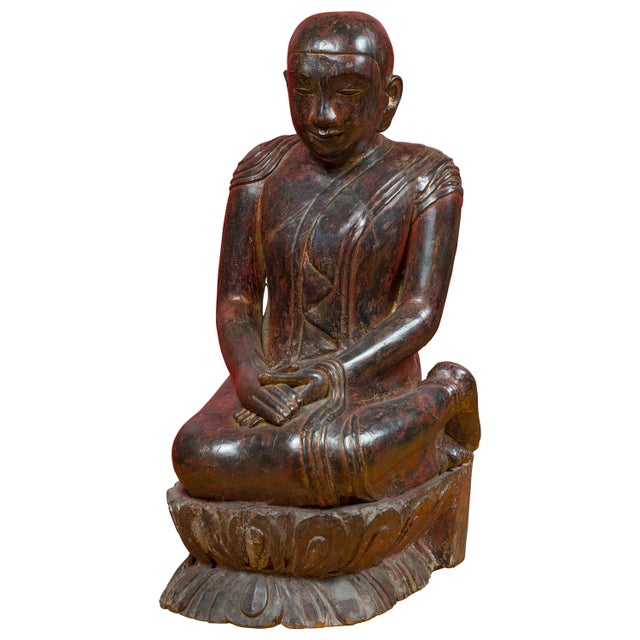 18th Century Thai Hand Carved Lacquered Wood Sculpture of a Seated Monk For Sale - Image 13 of 13