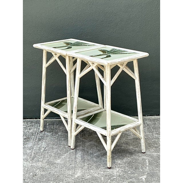 Wood Vintage Hand Painted Palm Side Tables - A Pair For Sale - Image 7 of 12