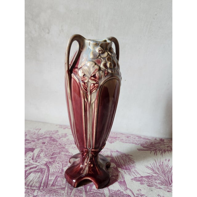 Art Nouveau Burgundy Barbotine Vase with Floral Relief, 1900s For Sale - Image 5 of 16