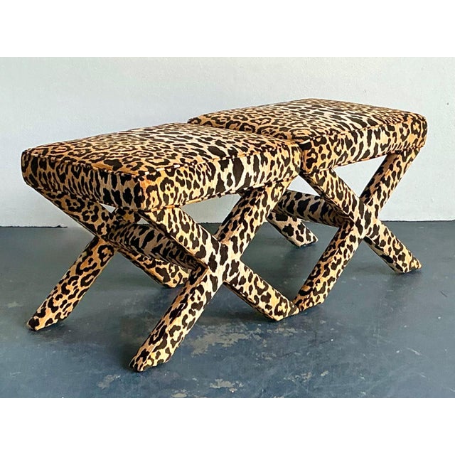 Early 21st Century Vintage Leopard Velvet X-Base Stools - A Pair For Sale - Image 5 of 17