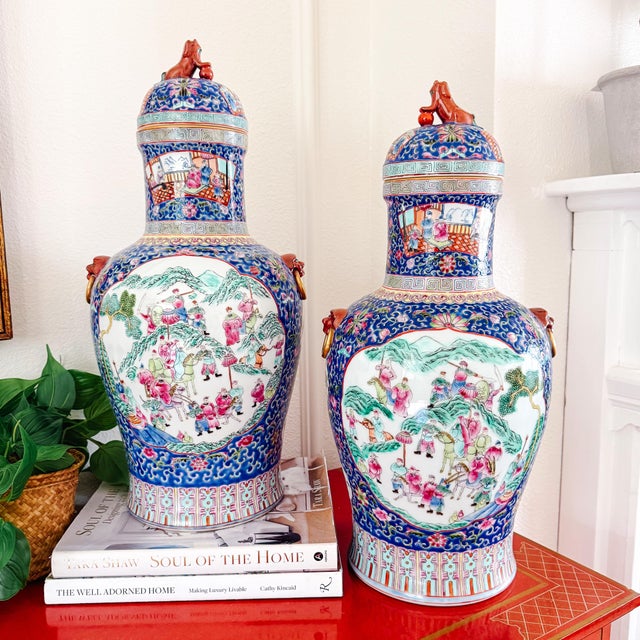 Monumental 21" Chinese Famille Rose Medallion Porcelain Palace Jars With Foo Dog Lids - A Pair For Sale - Image 14 of 14