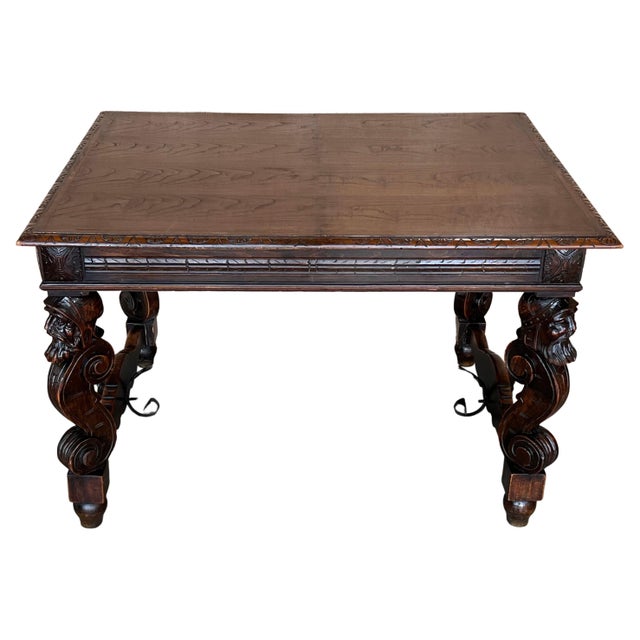 19th Spanish Carved Gargoyles Walnut Renaissance Library / Writing or Desk Table For Sale - Image 15 of 18