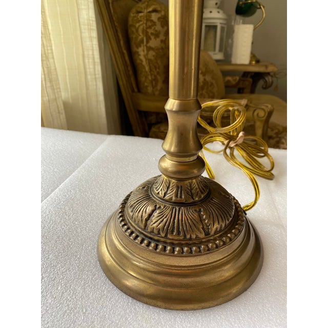 Vintage Brass Table Lamp With Burgundy Embroidered Shade, Gold Scroll Motif & Crystal Drops, Traditional Hollywood Regency Decor For Sale - Image 12 of 12