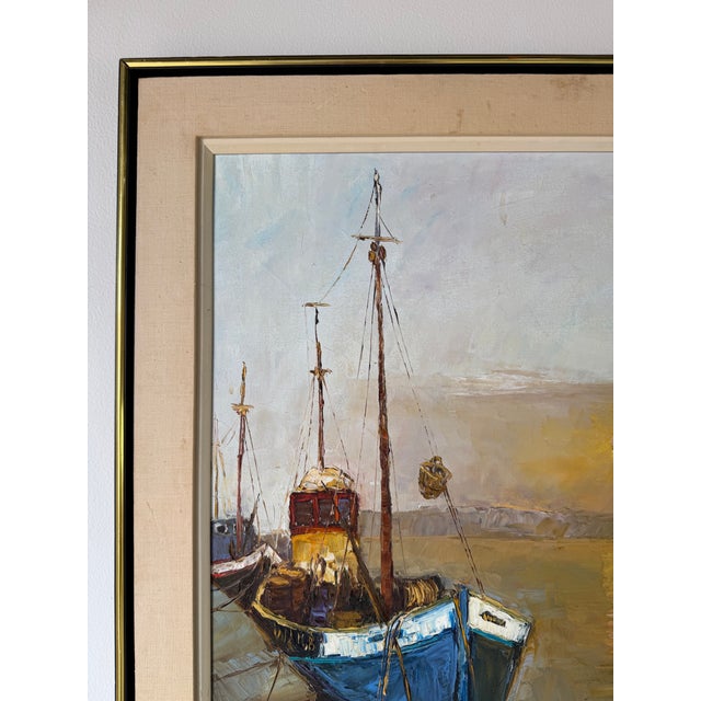 1970’s Vintage Yoli Sunset Harbor Scene Oil on Canvas Painting, Framed For Sale In Miami - Image 6 of 12