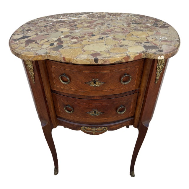 Antique French Louis XV or Louis XVI Style Kidney-Shaped Marquetry Commode / Side Table With a Marble Top For Sale