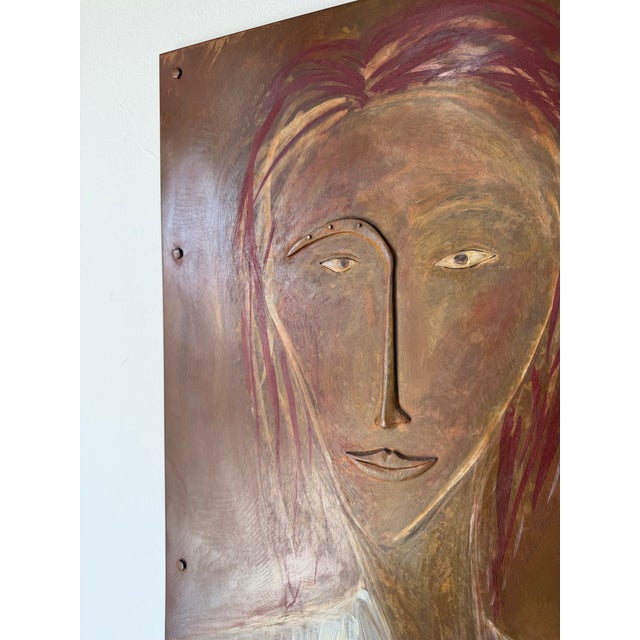 Vintage Mixed Media Metal Female Portrait Wall Art – Sculptural Painted Panel For Sale In Miami - Image 6 of 12