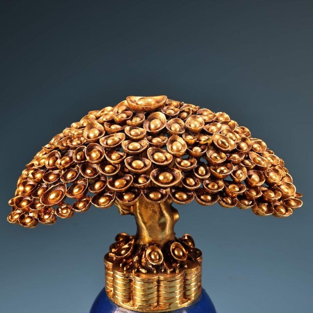 Gilt Metal "Money Tree" Sculpture on Lapis Lazuli Base For Sale - Image 4 of 10