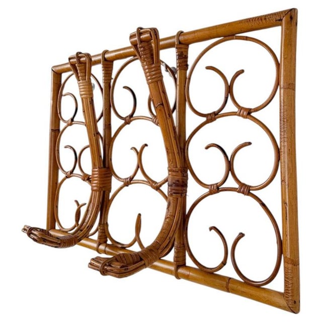 Mid-Century Italian Modern Cane, Rattan and Bamboo Wall-Mounted Coat Rack, 1960s For Sale - Image 3 of 18