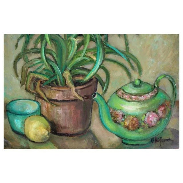 Farmhouse Vase of Lilies & Teapot Still Life Painting For Sale - Image 3 of 4