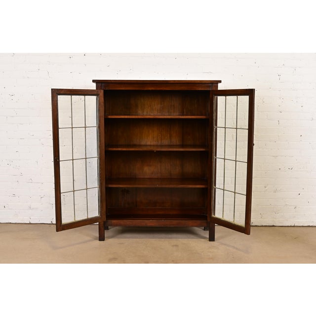 Charles Limbert Limbert Style Mission Arts & Crafts Mahogany Leaded Glass Front Double Bookcase Cabinet, Circa 1900 For Sale - Image 4 of 10