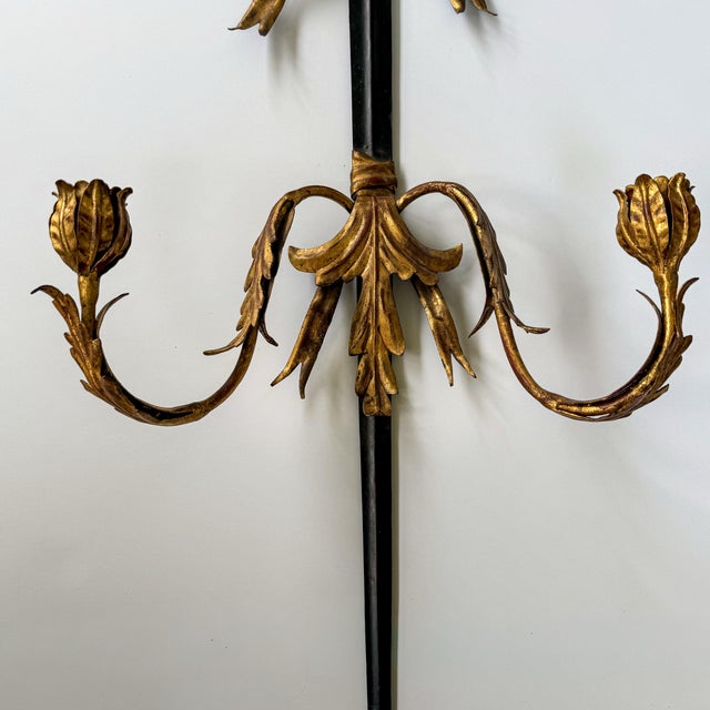 Hollywood Regency Gilt Iron Sword Form Two Arm Candle Wall Sconce, 36”h For Sale - Image 4 of 11