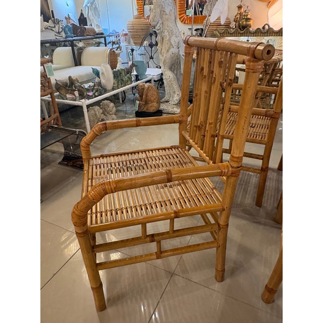 Traditional Vintage Bamboo Rattan Reed Dining Game Table & 4 Dining Arm Chairs For Sale - Image 3 of 12