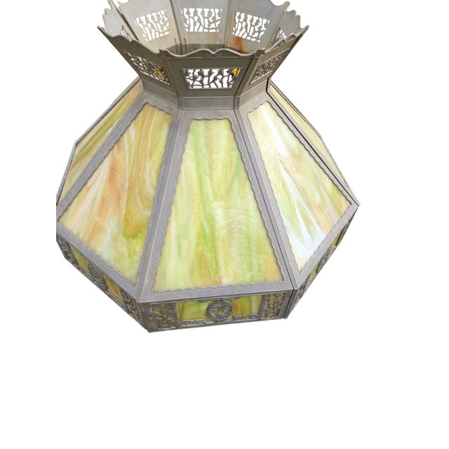 Antique Lamp Shade Green Slag Glass Hanging Light Chandelier Sarama For Sale - Image 12 of 18