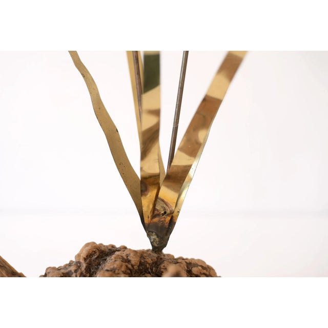 Mid Century Brass Cattail With Butterfly Sculpture on Burlwood Base For Sale In San Francisco - Image 6 of 11