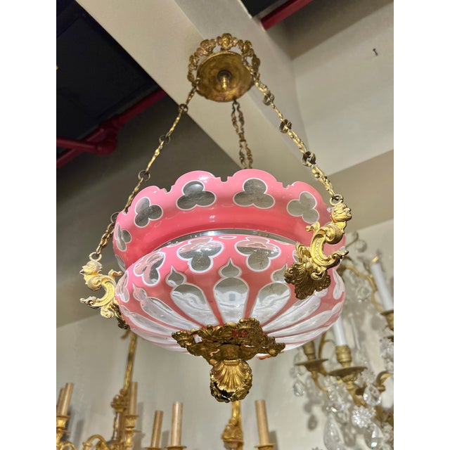 Antique Cased Pink Cut to White and Clear Glass and Bronze Chandelier For Sale - Image 9 of 12