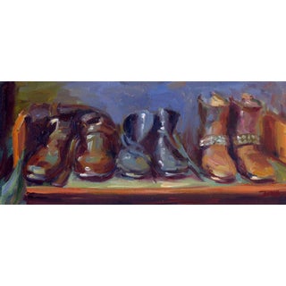 Boot Camp by Pam Ingalls | Oil on Board Painting of various boots on a shelf For Sale