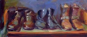 Boot Camp by Pam Ingalls | Oil on Board Painting of various boots on a shelf