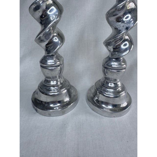 Mexican Vintage English Traditional Barley Twist Small Silver Tone Candlesticks, a Pair For Sale - Image 3 of 11