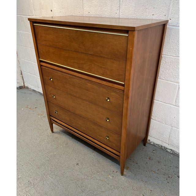 Mainline by Hooker Mainline by Hooker Mid-Century Walnut and Brass Five Drawer Highboy Dresser, Attributed For Sale - Image 4 of 15