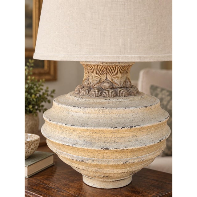 Late 20th Century Sculptural Neoclassical Shell Urn Table Lamp With Cream Tapered Shade For Sale In Los Angeles - Image 6 of 6