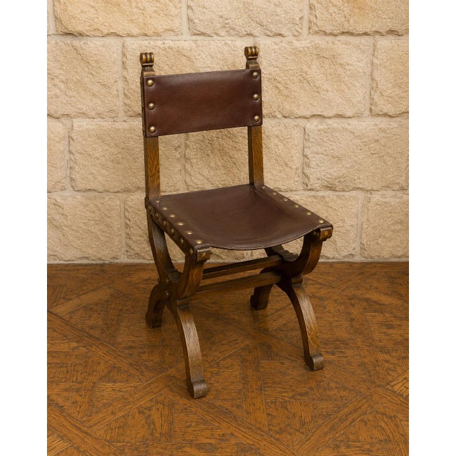 Renaissance Chairs in Oak and Leather, 1920s, Set of 6 For Sale - Image 3 of 6