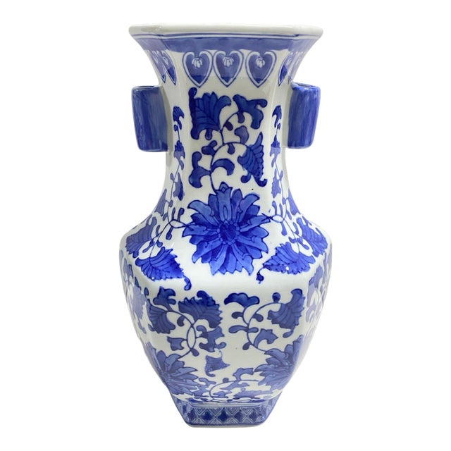 Vintage 14” Blue & White Chinoiserie Porcelain Vase With Floral Motif For Sale