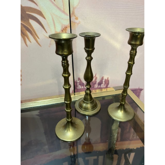 1970s Collection of Brass Candleholders - Set of 3 For Sale - Image 4 of 4