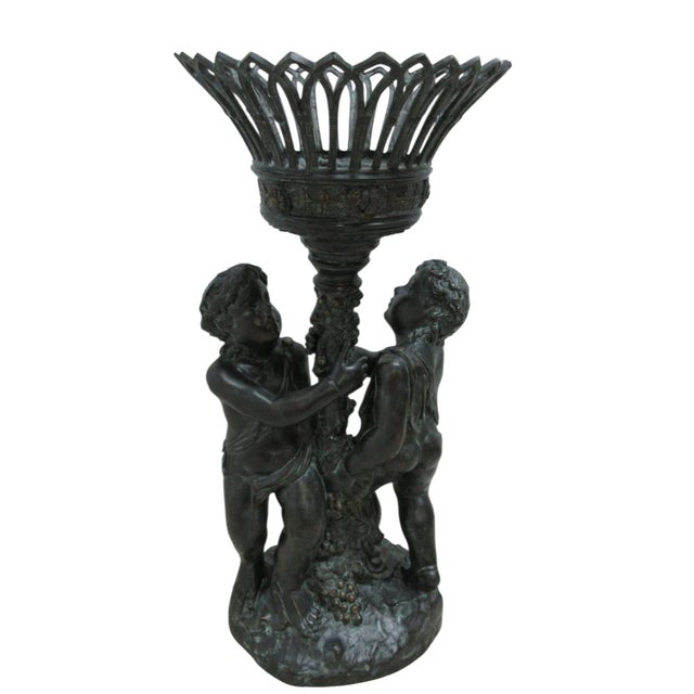 Vintage Bronze Frolicking Boys Statue Italian Regency French Urn Planter For Sale - Image 11 of 12
