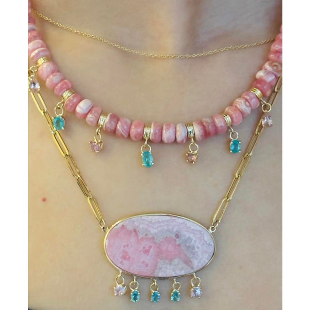 Rhodochrosite Rondelle Fringe Necklace With Pink Spinel, Emeralds & 14k Gold For Sale - Image 12 of 12