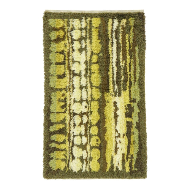Vintage Swedish Rya Runner With Moss Green and Ivory Abstract Pattern - Rug & Kilim For Sale