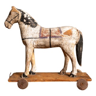 Antique Early 20th Century Wooden Horse Toy on Wheels, 1920s For Sale