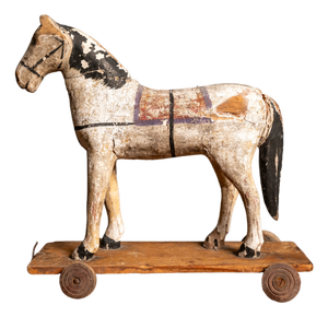 Antique Early 20th Century Wooden Horse Toy on Wheels, 1920s