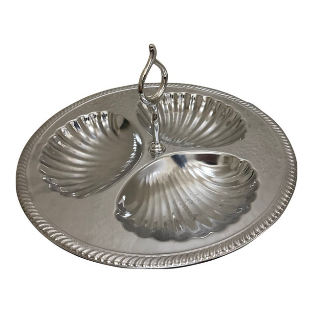 Vintage Regency Style Silver Tone Triple Shell Divided Serving Tray With Stylized Handle For Sale