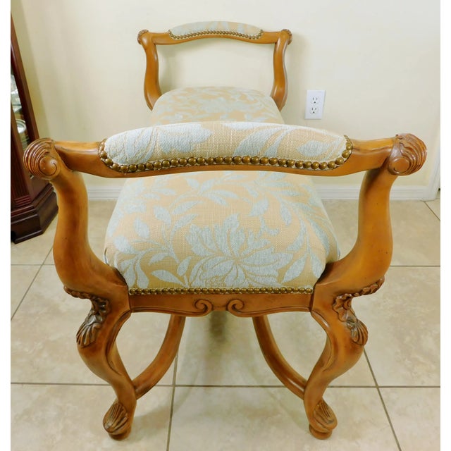 Vintage Light Blue & Beige Upholstered Brass Studded Carved Wood Bench For Sale - Image 12 of 13