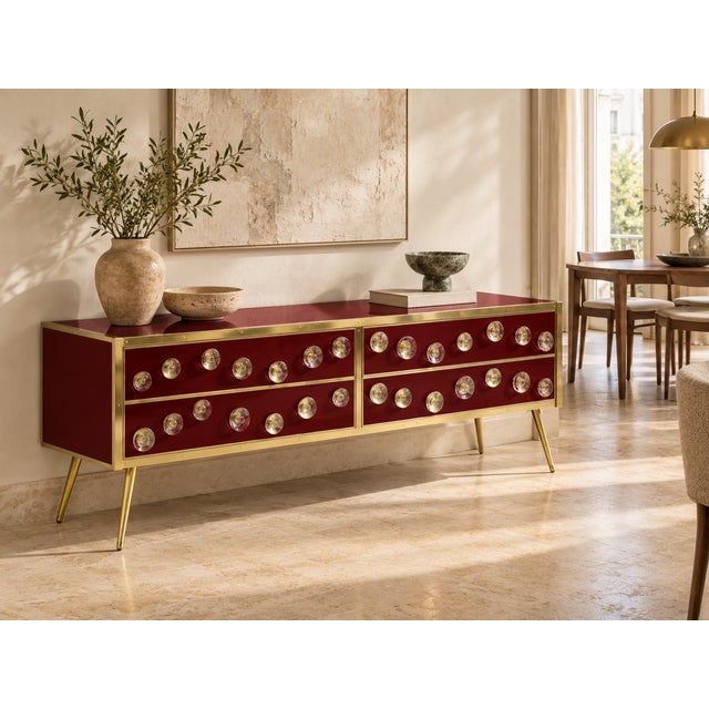 Italian Burgundy Murano Glass and Brass Sideboard from Justfurnituress SRL For Sale - Image 6 of 9