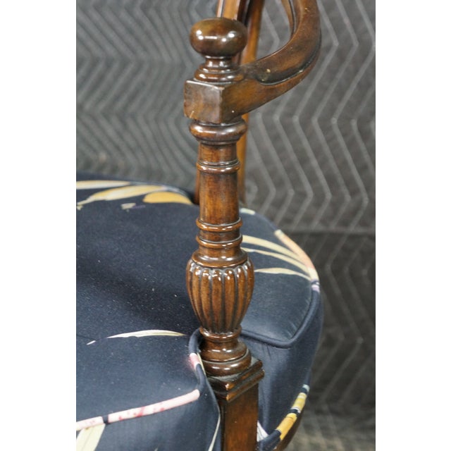 Early 20th Century 2 Antique English Sheraton Regency Style Mahogany Inlaid Floral Silk Arm Chairs For Sale - Image 5 of 18