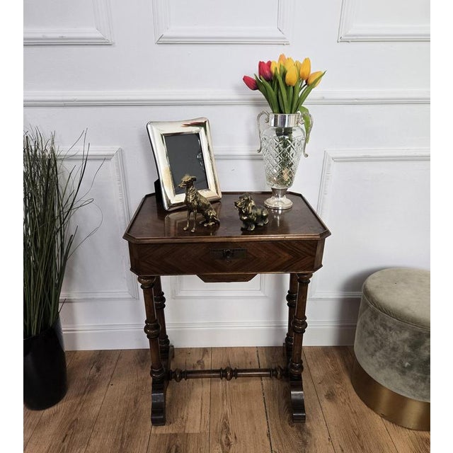 Antique Italian Inlaid Veneer Wood Sewing Side Table with Bobbin Barley Twist Legs, 1890s For Sale - Image 3 of 11