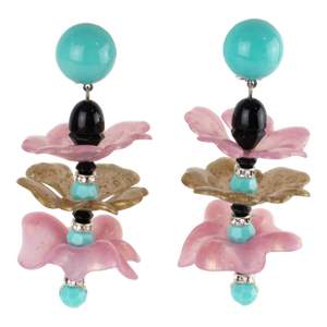 Angela Caputi Pink and Gold Resin Dangle Flamenco Floral Clip Earrings