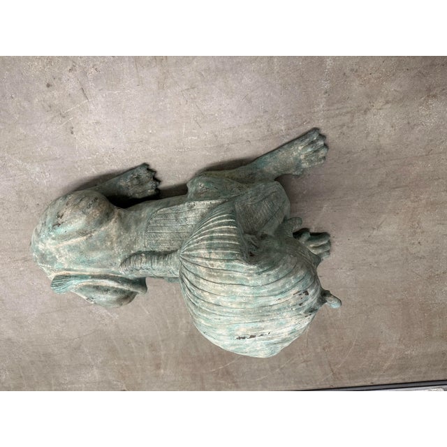 Verdigris Large Grand Tour Bronze Sphinx in Repose Statue For Sale - Image 8 of 12