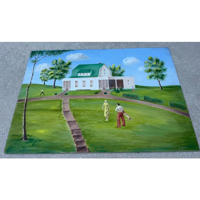 Vintage landscape painting signed Geo Johnson, depicting a sprawling country estate with a white manor house, expansive...