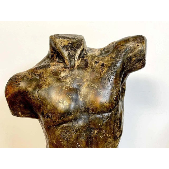 French modern bronzed plaster sculpture of a male nude torso, possibly a Maquette. Unsigned. A bold, well modeled...