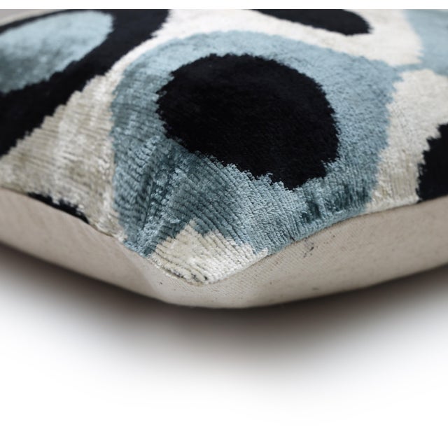 2020s Blue & Black Ikat Silk Velvet Throw Pillow 20x20 | Handmade Designer Accent Pillow For Sale - Image 5 of 8